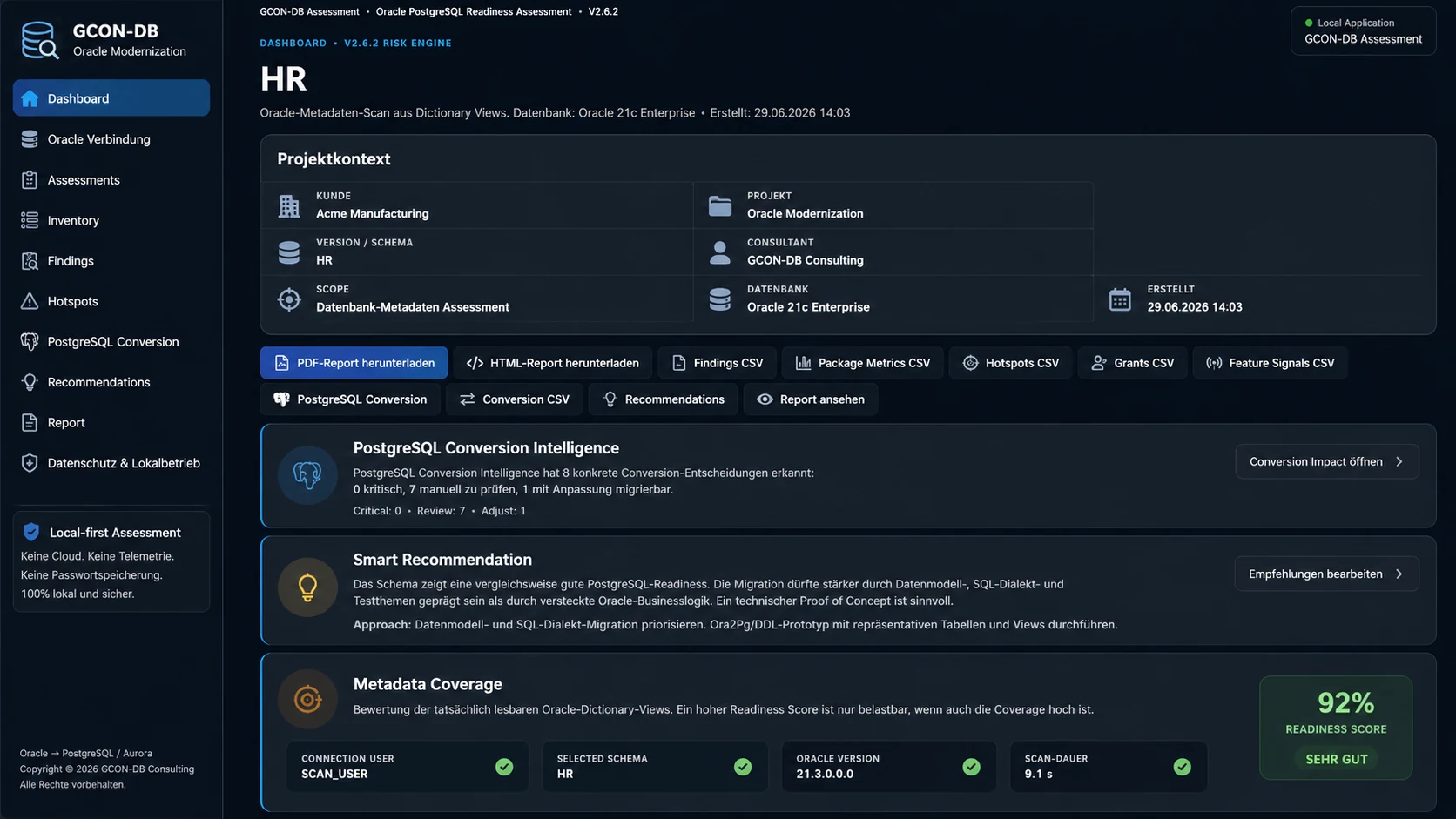 GCON-DB Assessment Dashboard mit PostgreSQL Conversion Intelligence, Smart Recommendation und Metadata Coverage