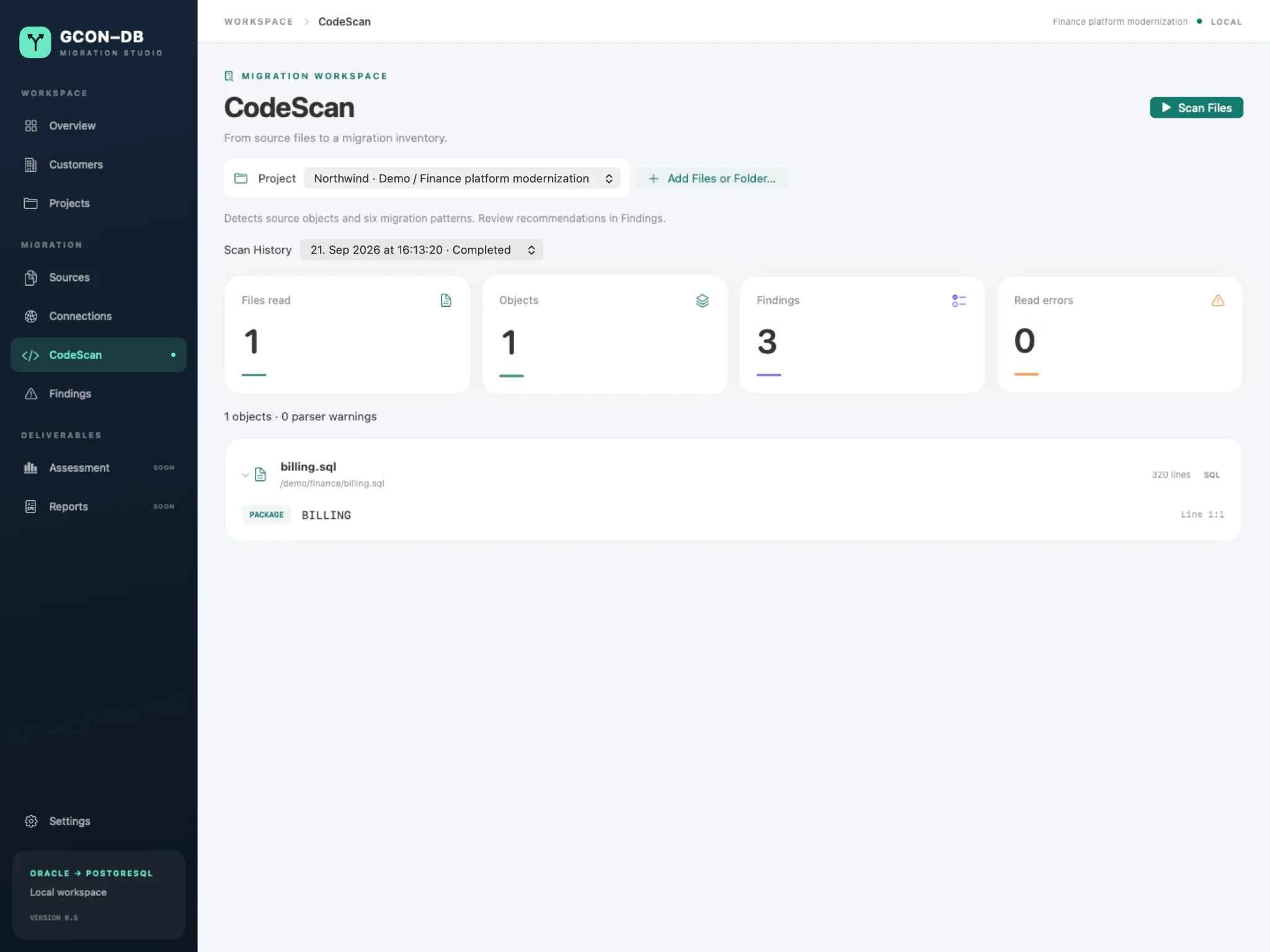 CodeScan-Ansicht mit einem gescannten SQL-Demodokument