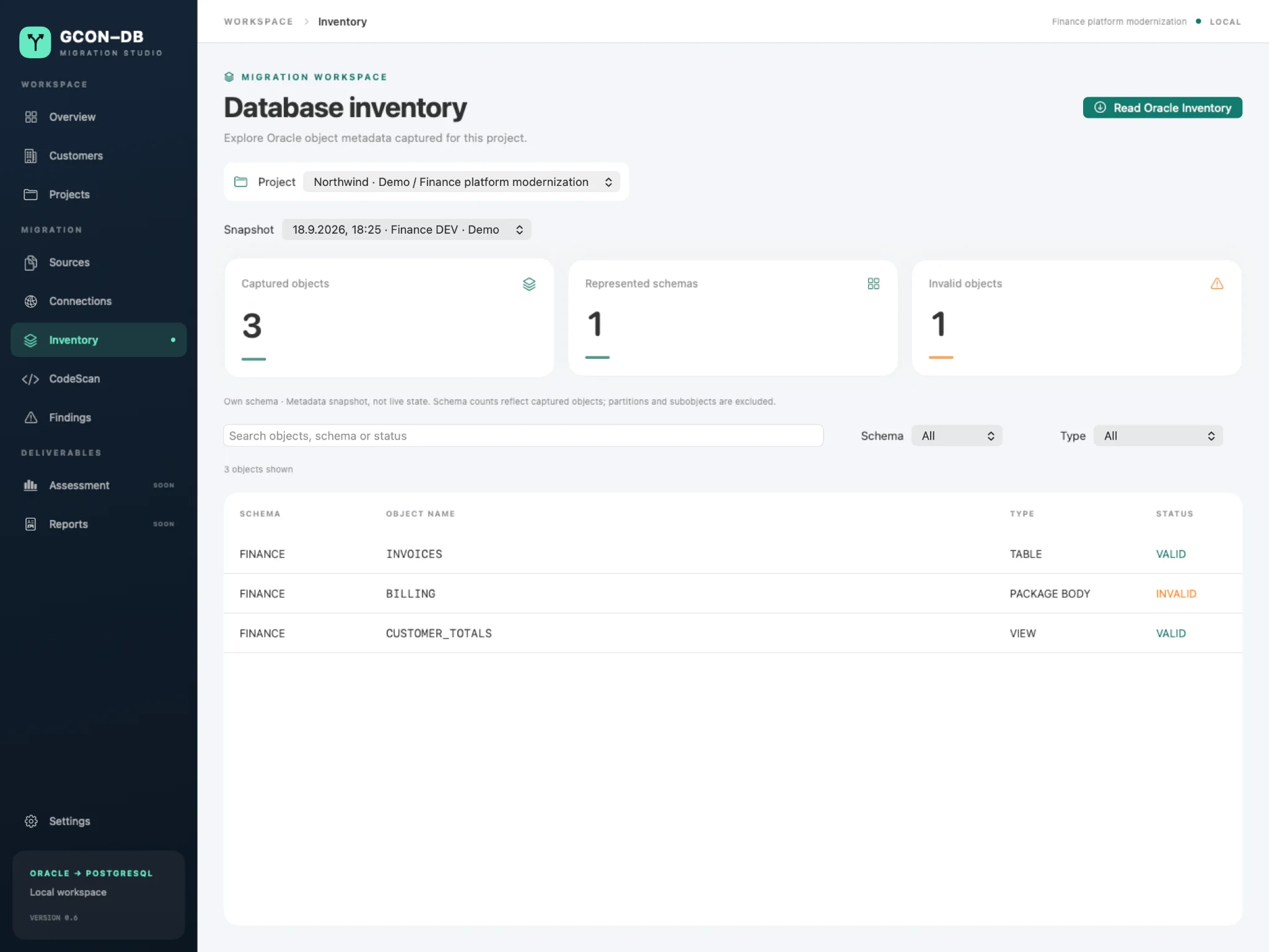 Inventaransicht mit Oracle-Objekten aus einem Demo-Snapshot