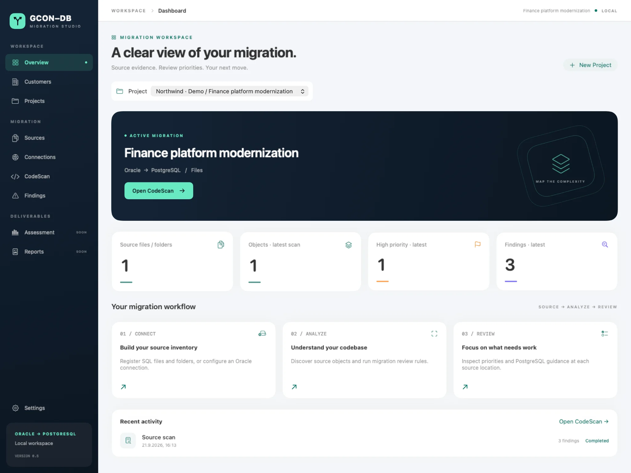 Übersicht des GCON-DB Migration Studio mit einem Demo-Projekt